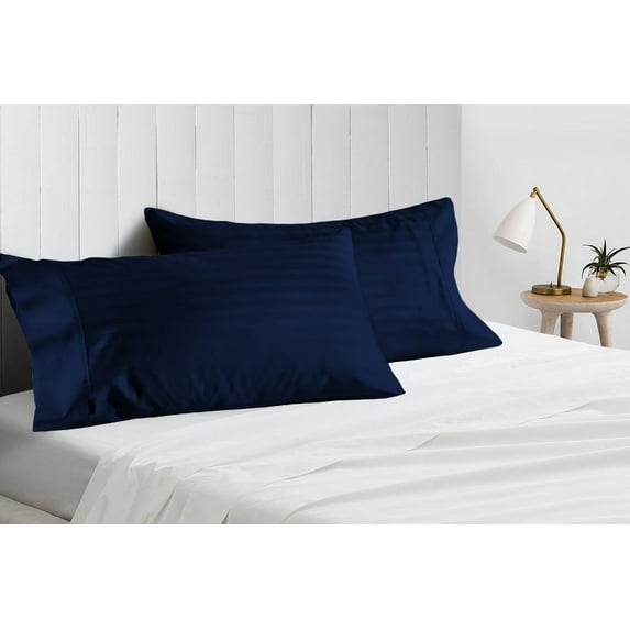 CCNY Set of 2 Pillowcases Navy Blue King Size Striped 600 TC 100% Egyptian Cotton Soft Pillow Covers