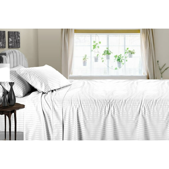CCNY Short Alaskan King Size Egyptian Cotton Bed Sheets 600 TC 4pc Sheet Set White Striped 15 Inch Deep Pocket