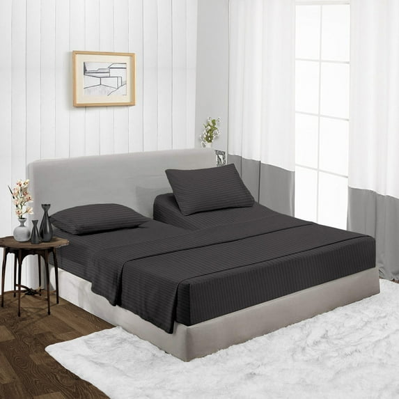 CCNY Top Split Flex Sheet Set for Adjustable Bed 34" Split Head Cal King Dark Grey Striped 600TC Egyptian Cotton 4pc fits upto 18" Deep Pocket
