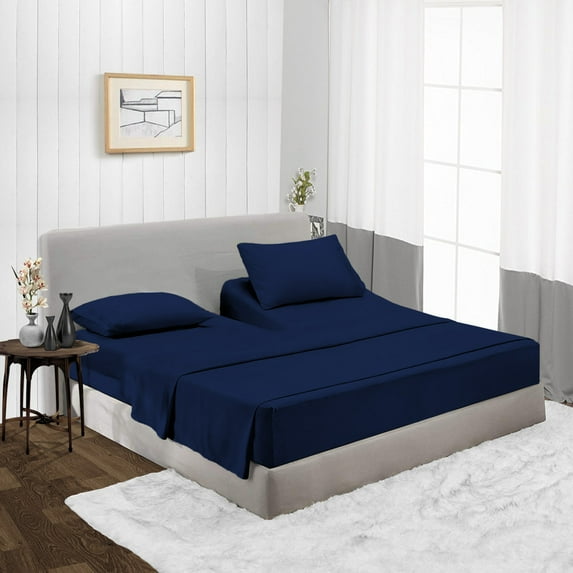 CCNY Top Split Flex Sheet Set for Adjustable Bed 34" Split Head King Navy Blue 1000 TC Egyptian Cotton 4pc fits upto 18" Deep Pocket