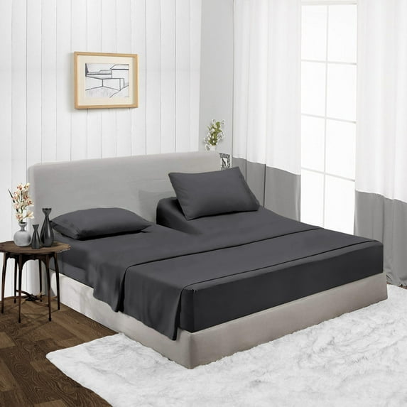 CCNY Top Split Flex Sheet Set for Adjustable Bed 34" Split Head Queen Dark Grey 600 TC Egyptian Cotton 4pc fits upto 18" Deep Pocket