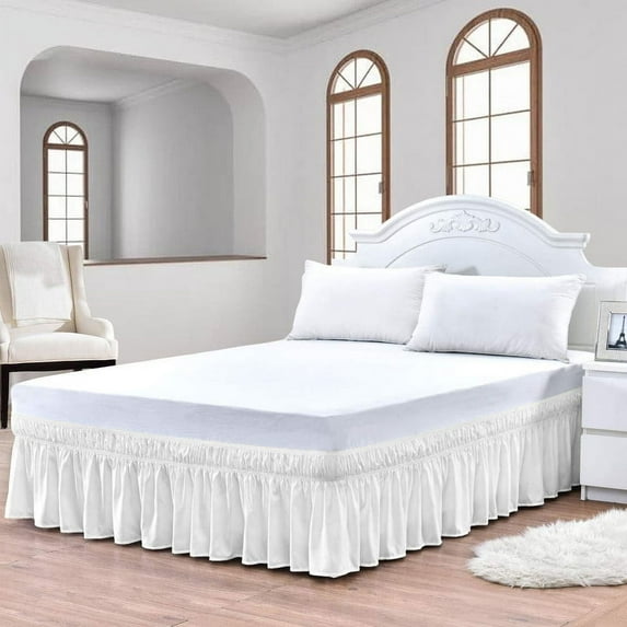 CCNY Wrap Around Bed Skirt Short Queen White Color 12" Drop Length Tailored Drop Easy to fit Adjustable Eastic Belt- Microfiber Bed skirt