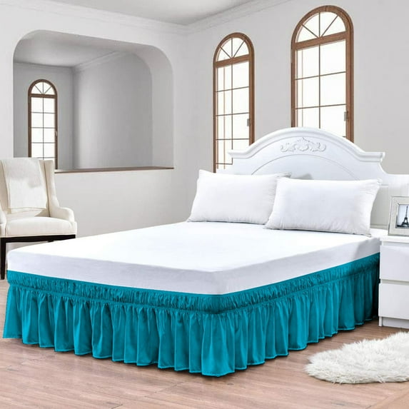 CCNY Wrap Around Bed Skirt Three Quarter Turquoise Blue Color 16" Drop Length Tailored Drop Easy to fit Adjustable Eastic Belt- Microfiber Bed skirt