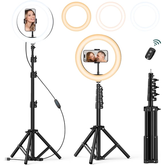 CCNZZITSHT 10" Ring Light with 55" Tripod Stand, Dimmable LED Selfie Light with Phone Holder & Bluetooth Remote, 3 Color Modes & 10 Brightness Levels for TikTok, Zoom, YouTube, Streaming, Vlogging