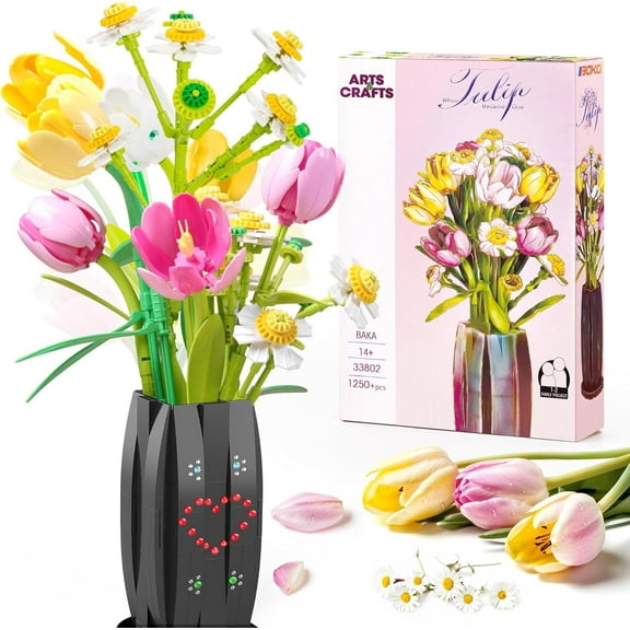 CCNZZITSHT Flower Bouquet Building Set, 1250pcs Creative DIY Plant Bouquet Decoration, Tulips Daisies Artificial Flowers with Vase for Girls Women Adults 6+, Idea Gifts for Valentines Birthdays