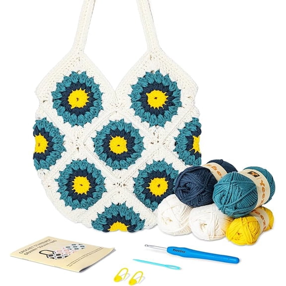 CCNZZITSHT Crochet kit for beginners Sunflower Tote Bag Granny Square Crochet Tote Bag with Step-by-Step Video Tutorials Knitting Kit Beginner crochet Kit for Adults