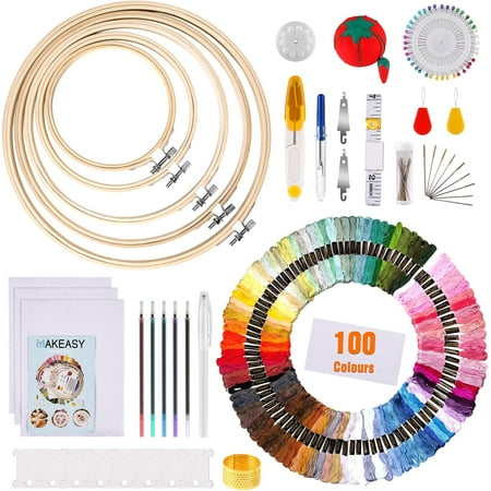 CCNZZITSHT Embroidery Starter Kit 205PCS, Cross Stitch Kits with 100 Colors Embroidery Threads, 3PCS Aida Fabric, 5PCS Bamboo Embroidery Hoops, Instruction for Adults & Kids Beginners