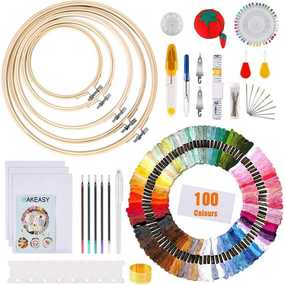 CCNZZITSHT Embroidery Starter Kit 205PCS, Cross Stitch Kits with 100 Colors Embroidery Threads, 3PCS Aida Fabric, 5PCS Bamboo Embroidery Hoops, Instruction for Adults & Kids Beginners