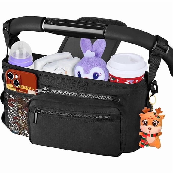 CCNZZITSHT Pram Organiser Bag with Cup Holder: Large Capacity Pram Cup Holder with Non Slip Strap, Universal Pram Accessories, Baby Essentials for Newborn, Christmas Stocking Fillers