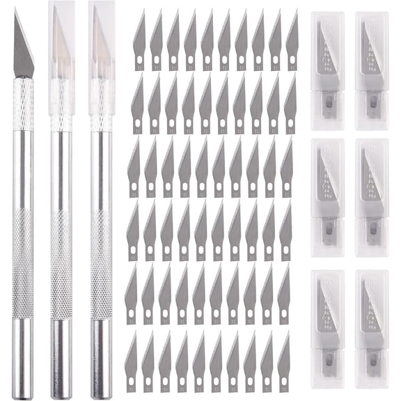 CCNZZITSHT Precision Hobby Knife Set, 3 Metal Pens Handles+ 63 Spare Replacement Blades with Cap Mini Craft Utility Knife Cutting Tools Kit for DIY Art, Pencil, Stencil, Carving Work, Scrapbooking