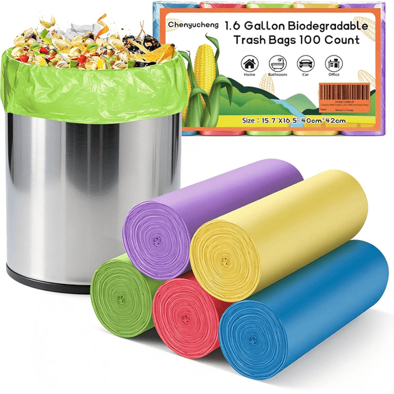 CCOCC 1.6 Gallon Small Trash Bags for Bathroom - Colorful Mini Garbage Bags Fit 1.3-1.5GalBiodegradable 100 Count 6 Liter Unscented Tiny Waste Basket Liners Kitchen Office Car