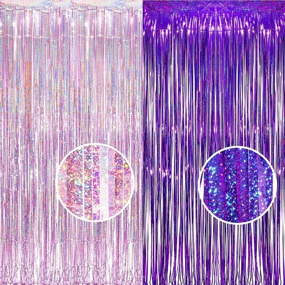 CCOCC 1 Purple 1 Pink Streamers Party Backdrop,3.2 X 8.2 Ft Tinsel Foil Fringe Curtains for Valentine Birthday Bridal Shower Bachelorette Decorations