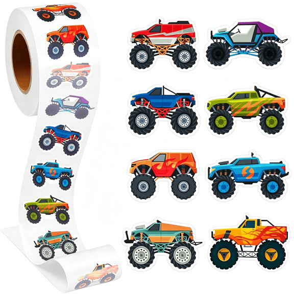 CCOCC 1 Roll Monster Truck Stickers Decal Reward Cute Office Supplies Incentives Animals Sticker Christmas Party Favor,500Pcs Each Roll Monster Truck Party Favors