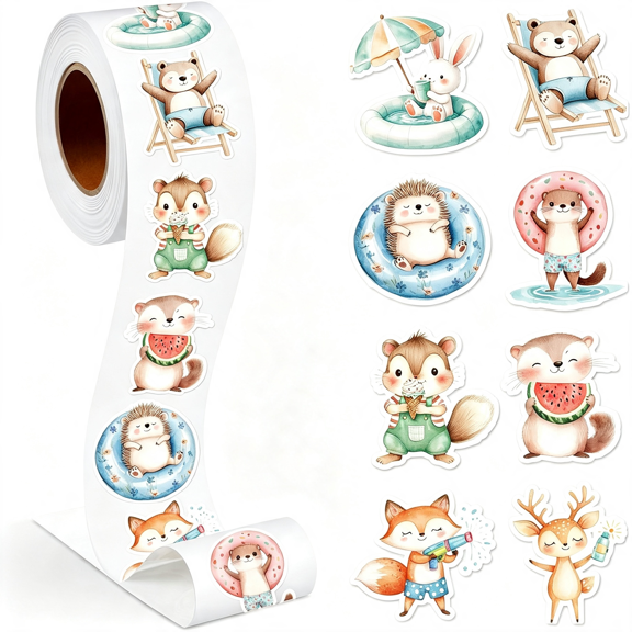CCOCC 1 Roll Summer Animal Stickers Decal Reward Cute Office Supplies Incentives Animals Sticker Summer Party Favor,500Pcs Each Roll 500Pcs Summer Stickers