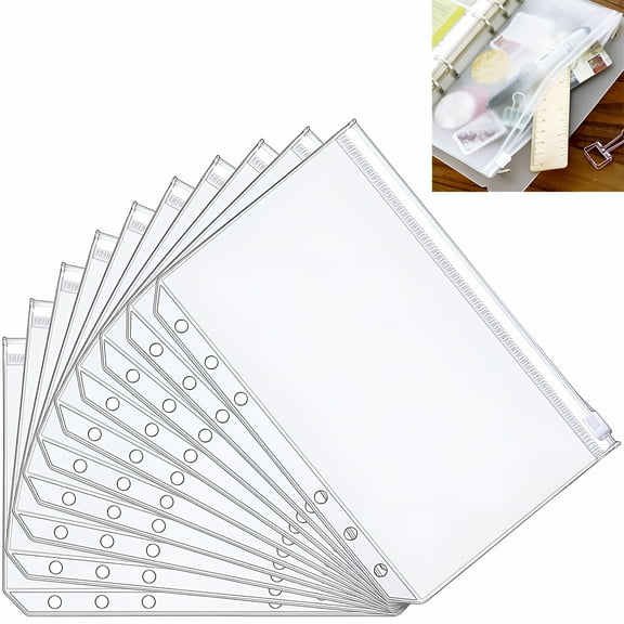 CCOCC 10 Pack A5 Binder Pockets,6 Holes Zipper Binder Pouch Folders,Clear PVC 6-Ring Binder Bags,Waterproof Loose Leaf Bags Cash Budget Envelopes for A5 Notebook Binder Planners