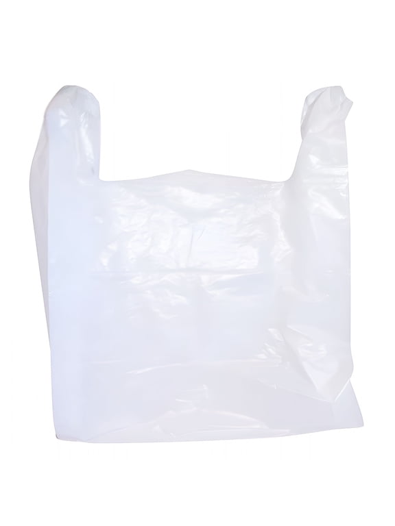 100 Count Large Plastic Grocery T-Shirt Bags with Handles Plain White 12" x 6" x 21"