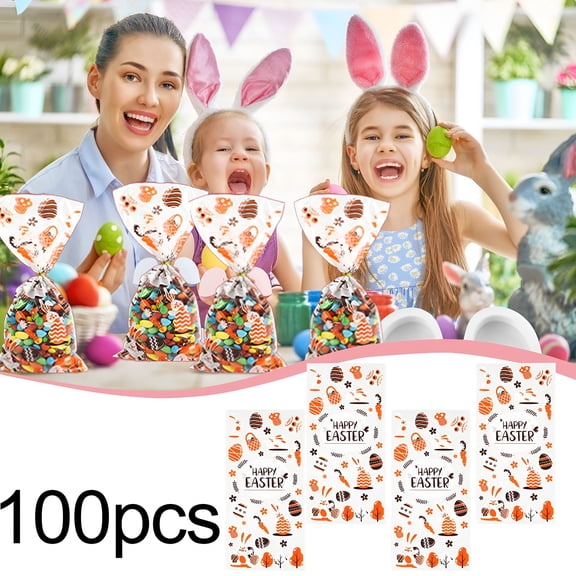 CCOCC 100-Pack Easter Cellophane Treat Bags with 110 Gold Twist Ties,Plastic Candy and Goodie Bags for Party Favors,Gift Wrapping,Holiday Celebration Supplies Plastic Treat Bags