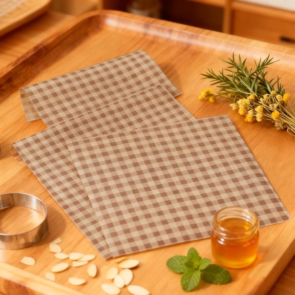 CCOCC 100 Pcs Brown Checkered Waxed Deli Paper, 7.1X7.1 Inch Greaseproof Food Basket Liners Squares Checkered Sandwich & Burger Wrapping Sheets,Tray Parchment Liners for Picnics, Restaurants