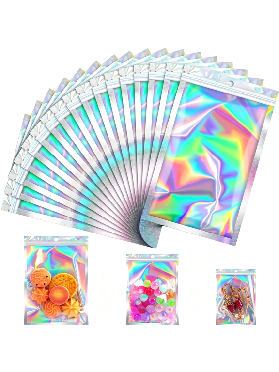 100 Pcs Holographic Mylar Bags,Smell Proof&Resealable Bag for Small Business,Foil Freshie Bags for Treat,Jewelry,Candy,Keychain,Package,Christmas Gift Bags,Goodie Baggies(3X5In)