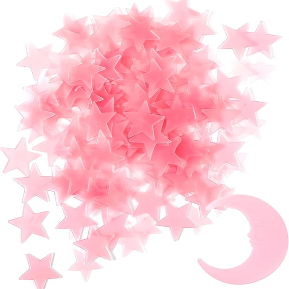 CCOCC 100 Stars&1 Moon Glow in the Dark Stars for Ceiling,Pink Glowing Wall Stickers with Adhesive Pads,Plastic Luminous Fluorescent 3D Glowing Star for Boys and Girls Room Decor