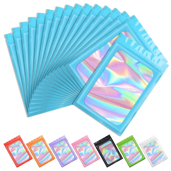 CCOCC 100 pcs Smell Proof Mylar Holographic Bags Packaging Bags, Clear Seal Resealable Odor Proof Bag Foil Pouch Zipper Bag for Food Storage and Lipgloss, Jewelry, Eyelash Packaging (Blue, 4x6In)