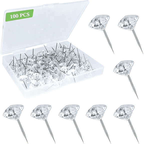 CCOCC 100Pcs Clear Push Pins for Cork Board, Decorative Thumb Tacks for Wall Hangings, Transparent Diamond Push Pin for Bulletin Board, Crystal Head Tacks for Posters, Office, Office, Classroom