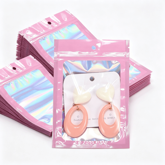 CCOCC 100Pcs Holographic Packaging Bags 4X6 Inch Resealable Foil Mylar Bags for Small Business Party Favor Pouch Packaging and Sample Storage Holographic Bags (Pink)