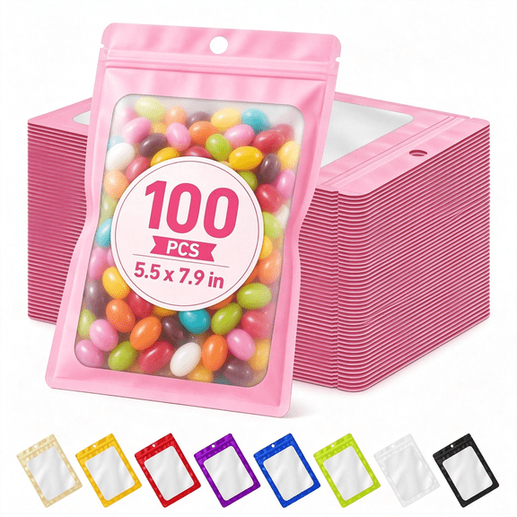 CCOCC 100Pcs Mylar Bags Resealable,Pink Small Smell Proof Bag 5.51X7.87,Sealable Candy Bags for Small Business,With Frosted Clear Window,Foil Zipper Pouch for Treat Snack Food Jewelry Packaging