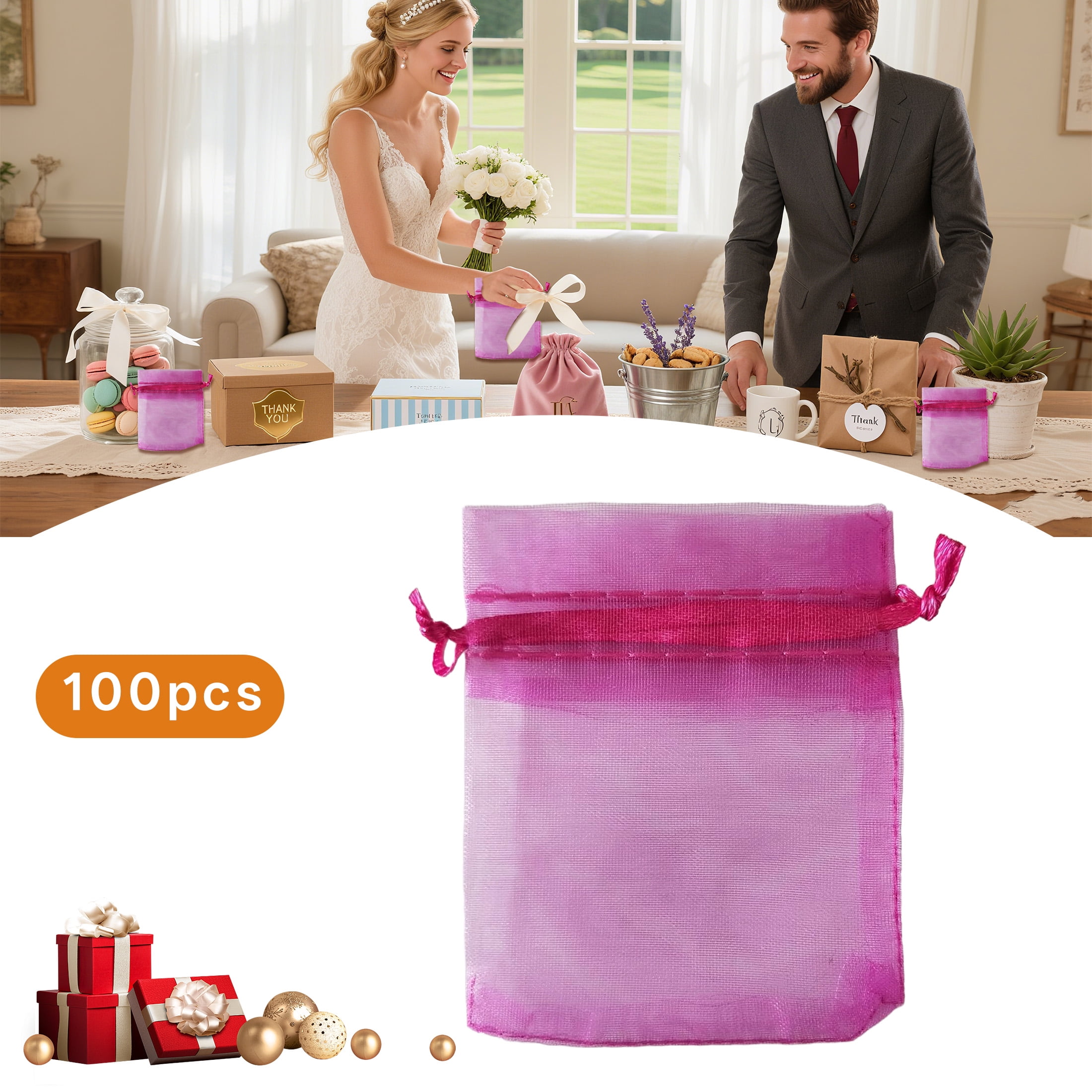 Udbrud 100-Pack Gold Organza Bags - 5x7 Inches Drawstring Gift Bags With Rose Print, Sheer Mesh Pouches For Wedding Favors & Candy