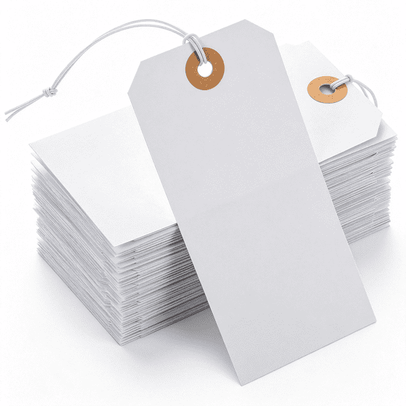 CCOCC 100Pcs Price Tags with String Attached White Hang Paper Tags | Gift Tags with Elastic String Reinforced Hole Label Tag Inventory Tag 4.762.36