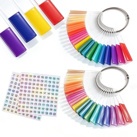 CCOCC 100Pcs Rectangle Clear Nail Swatches Sticks with Metal Rings,Reusable Color Display Cards for Gel Polish Dip Powder Acrylic,Nail Swatches with 2Pcs of 1-200 Number Stickers Label