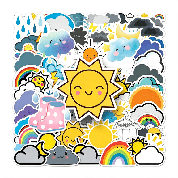 CCOCC 100Pcs Weather Stickers,Vinyl Waterproof Cloud Stickers Decals Pack | Weather Decals for Water Bottle,Helmet,Journaling,Laptop,Phone,Decorations for Adults Women Teens Girls