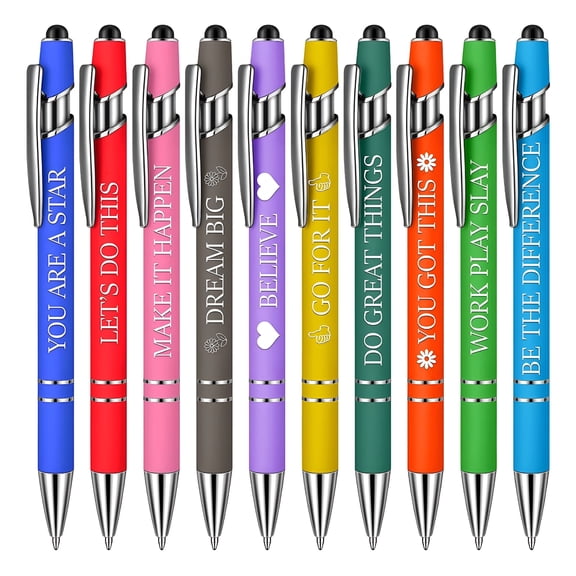 CCOCC 10pcs Ballpoint Pens with Inspirational Words,1.0mm Black Ink Soft touch Click Metal Pen with Stylus Tip for touch Screens,2-in-1 Ballpoint Pen with Stylus Tip