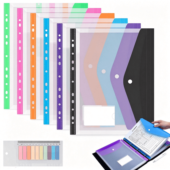 CCOCC 11 Hole Expanding File Pockets,Horizontal&Vertical Plastic Envelopes for 2/3/4 Ring Binder,Thick Reusable Binder Folders with Snap Closure&Labels,Holds 200 Sheets (6* Landscape)