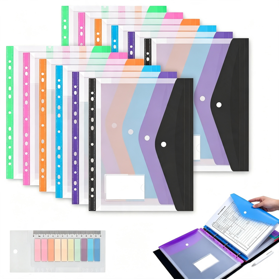 CCOCC 11 Hole Expanding File Pockets,Horizontal&Vertical Plastic Envelopes for 2/3/4 Ring Binder,Thick Reusable Binder Folders with Snap Closure&Labels,Holds 200 Sheets (12* Landscape)
