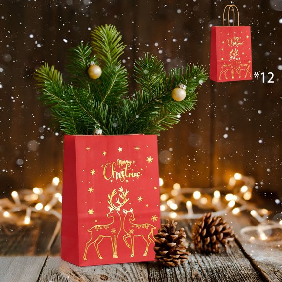 CCOCC 12 Pcs Christmas Gift Bags,Reindeer Design Christmas Kraft Paper Bags,8.27X5.91X3.15 Inches Xmas Gift Wrapping Bags with Handles,Holiday Party Gift Bags,Red