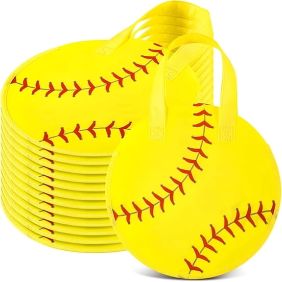 CCOCC 12 Pcs Softball Party Favor Bags 10  10 Inch Softball Gift Bags with Handle Round Non Woven Gift Pouches for Goodie Candy Snacks Sports Themed Birthday Party Supplies