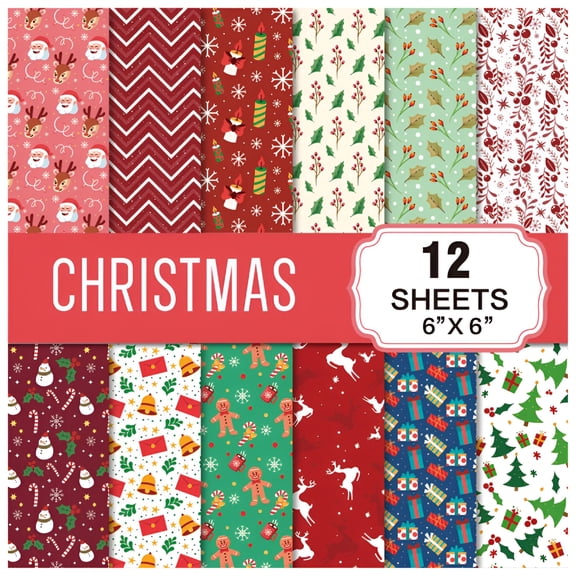 CCOCC 12 Sheets Christmas Scrapbook Paper 6 In,Christmas Pattern Paper Double Sided Scrapbook Paper,Craft Paper for Card Making Scrapbook Gift Wrapping Christmas Origami Paper Supplies