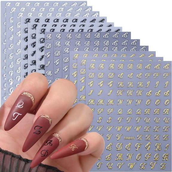 CCOCC 12 Sheets Letter Nail Stickers for Nail Art-Gold,Silver,Black,White Initial Decals-Self Adhesive Designs for Nail Supplies Decoration Accessories
