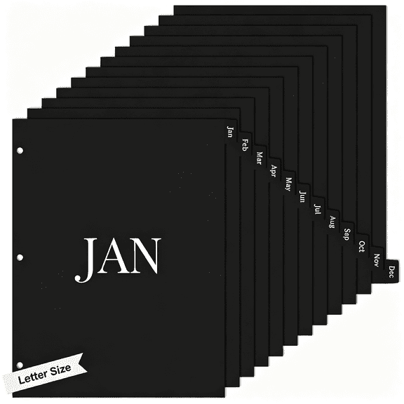 CCOCC 12 Tab Dividers for 3 Ring Binder, Letter Size, Jan-Dec Monthly Tabs | Black, Planner Dividers with Tabs, Plastic Page Separators for Student, Teacher, Office, Home Organizers