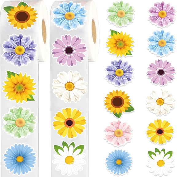 CCOCC 1200 Pcs Flower Sticker Roll Spring Daisy Sunflower Sticker Decals Colorful Watercolor Flower Label Stickers for Scrapbooks Water Bottle Cards Envelopes and Spring Party Decoration