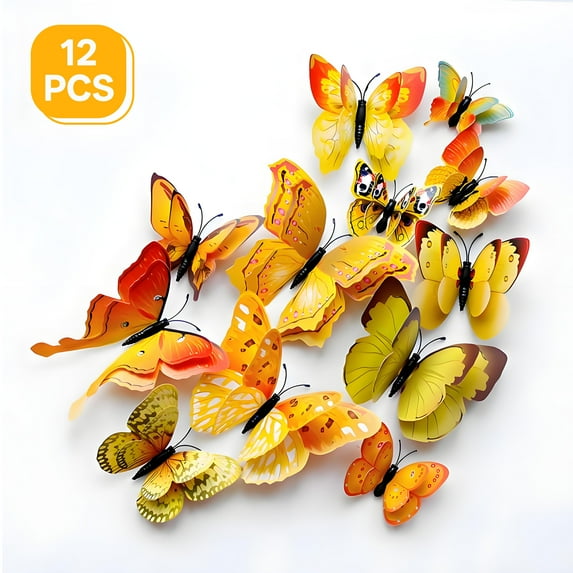 CCOCC 12Pcs Butterfly Wall Decor,Space-Enhancing Decor Cute Wall Decor,Simple Peel-And-Stick Room Decor Wall,Yellow