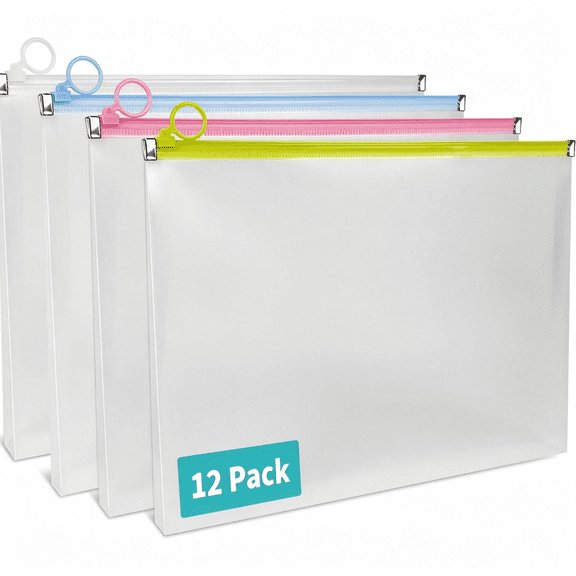CCOCC 12Pcs Clear Plastic Zip Envelopes,9X12 Inch,Multicolor,Expanding File Pouches,Heavyweight Plastic,Zipper Closure,Document Holders for Office,School and Classroom Supplies