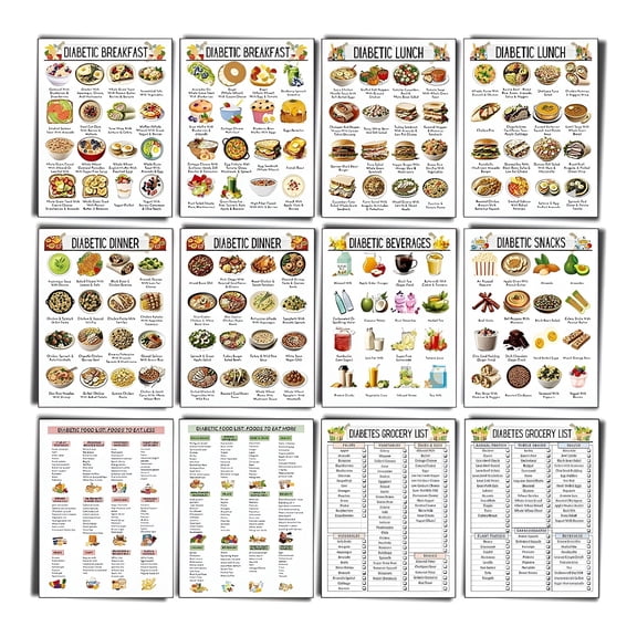 CCOCC 12Pcs Diabetes Food List Diabetes Food Chart Meal Planner for Diabetics Healthy Grocery Nutrition Guide Lists Diabetic Meal Planner 8X10Inch Meal Prep Planner
