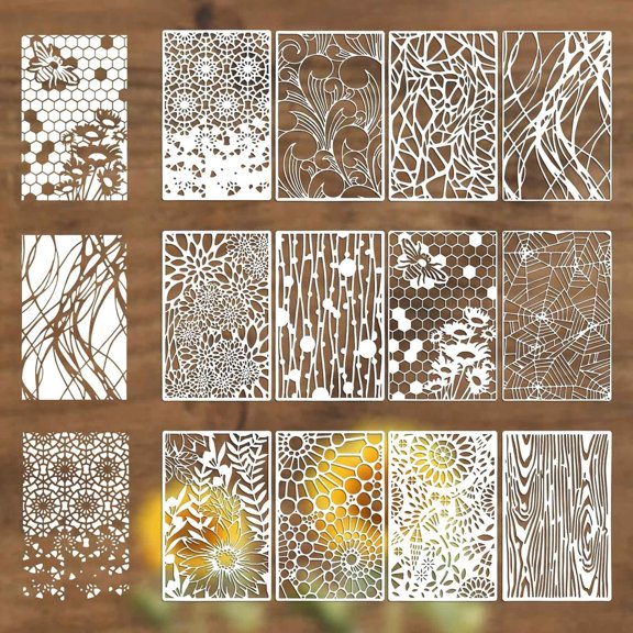 CCOCC 12Pcs Large Art Stencils for Crafts Reusable, Net Wood Grain Flower Painting Stencil Templates Spray Layering Texture Painting Stencil on Wooden, Wall, Canvas, Diy Home Decor