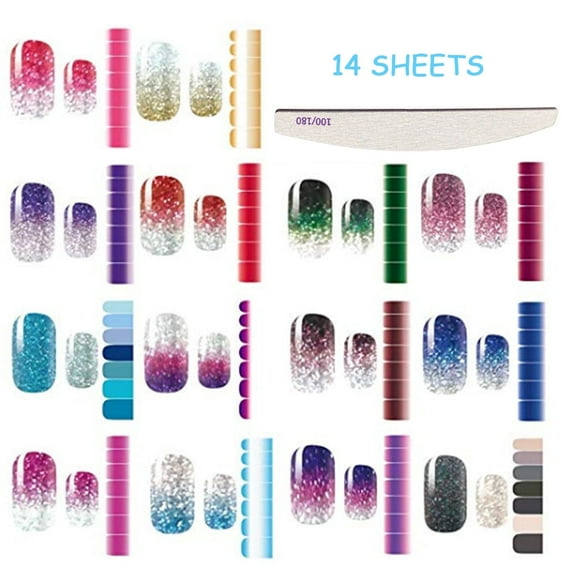 CCOCC 14 Sheets Nail Wraps Gradient Color Nail Polish Stickers Self-Ashesive Waterproof Nail Decal Strips for Women Girls Nail DIY Decoration