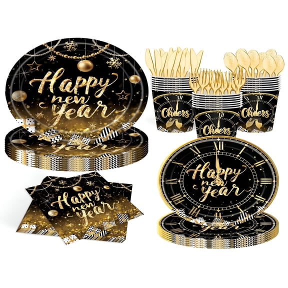 CCOCC 140Pcs New Year Party Supplies Set,New Year'S Eve Decorations Tableware Set,Black and Gold New Year Plates and Napkin,Holiday Party Family Tableware,Serves 20 Guest