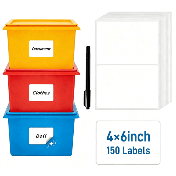 CCOCC 150 Pcs 4" X6" Extra Large Removable Labels for Storage Bins(Marker Included),No Residue Left,75 Sheet Waterproof Oilproof Matte White Blank Moving Labels for Home Office School Business