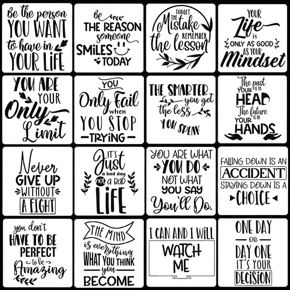 CCOCC 16 Pcs Inspirational Word Stencils,Quote & Phrase Sayings Templates,Craft Stencils for Painting on Wood,Wall,Canvas,Fabrics,Paper & Home Signs - Reusable 7.87 X 7.87 Inches