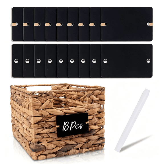 CCOCC 18 Pcs Acrylic Basket Labels, Storage Tags with Chalk Marker Removable Label for Wire, Wicker, Woven Baskets & Pantry Storage (Rectangle, Black), Acrylic Removable Labels for Storage Bins